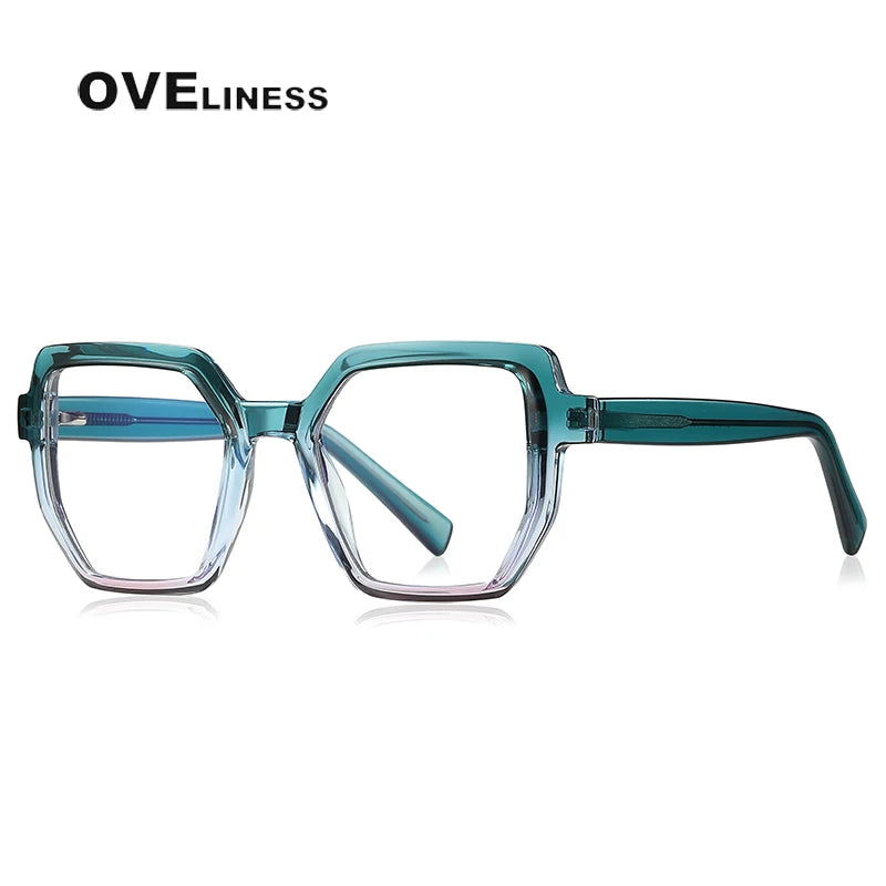 Oveliness Unisex Full Rim Flat Top Polygon Tr 90 Titanium Eyeglasses 2143 Full Rim Oveliness C6 green pink  
