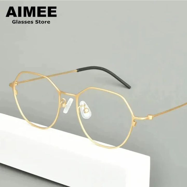 Aimee Unisex Full Rim Flat Top Polygon Round Titanium Eyeglasses 12515 Full Rim Aimee Golden  