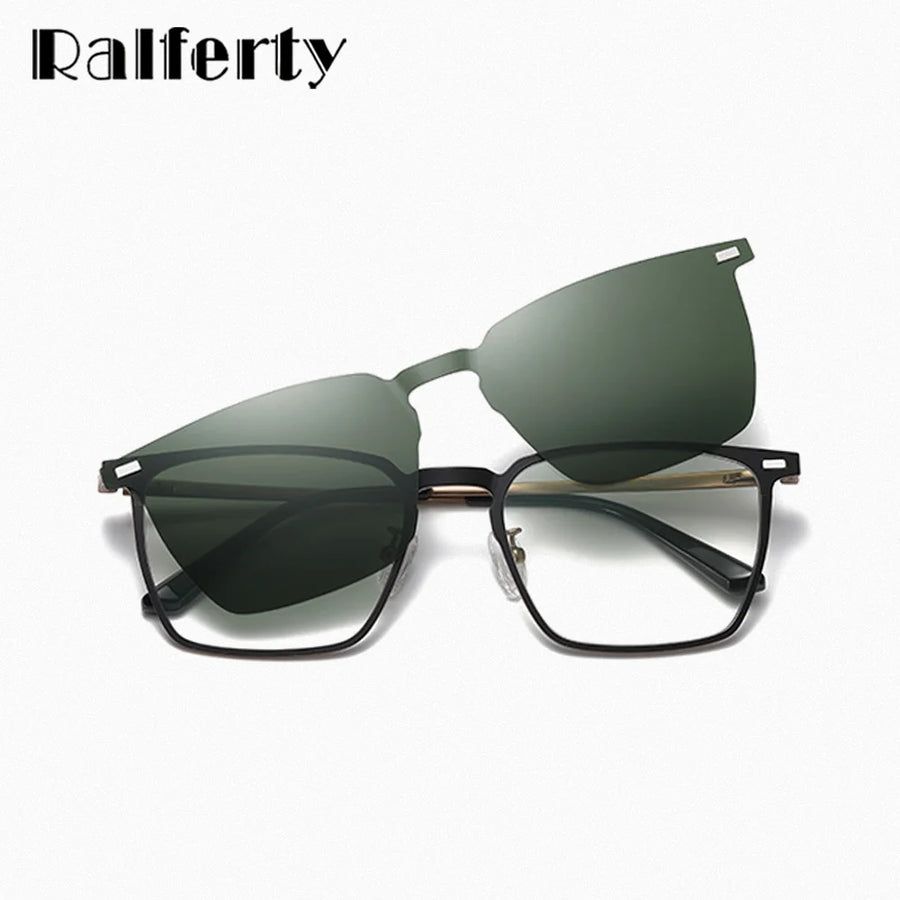 Ralferty Men's Full Rim Square Alloy Eyeglasses Clip On Polarized Sunglasses R8202 With Clip Ons Ralferty   