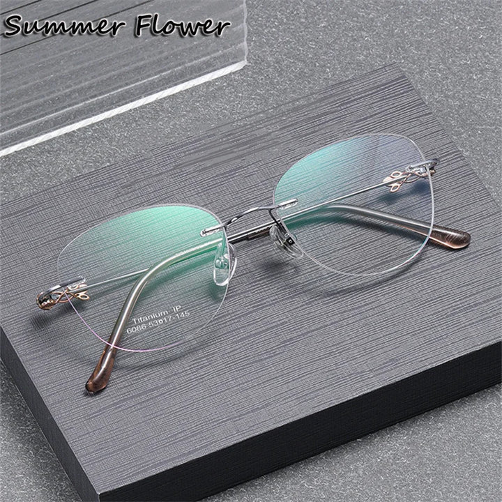 Summer Flower Women's Rimless Flat Top Oval Titanium Eyeglasses 86086 Rimless Summer Flower