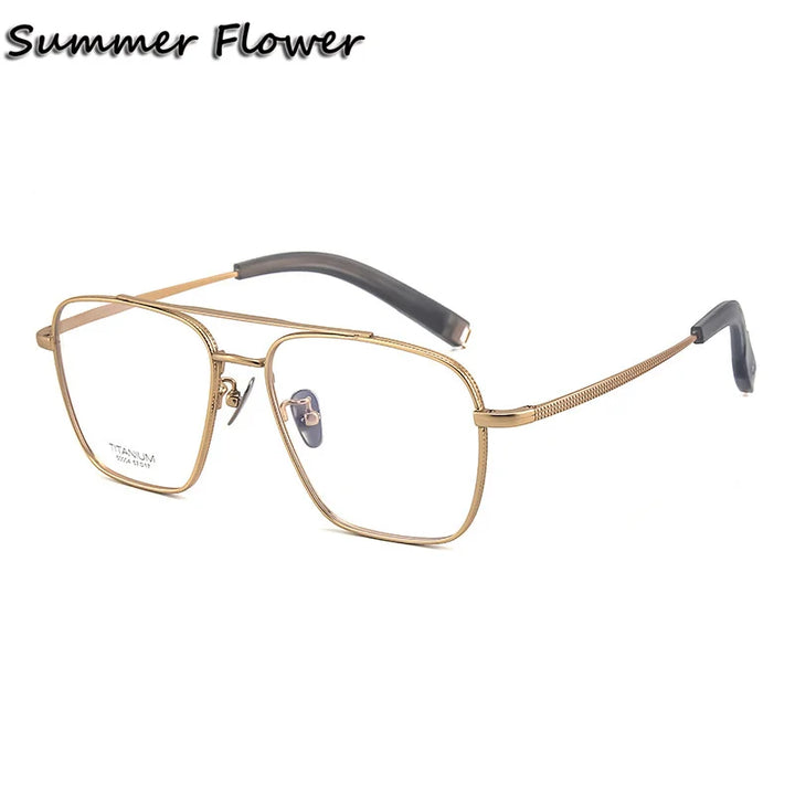 Summer Flower Unisex Full Rim Big Square Double Bridge Titanium Eyeglasses 50004 Full Rim Summer Flower Gold