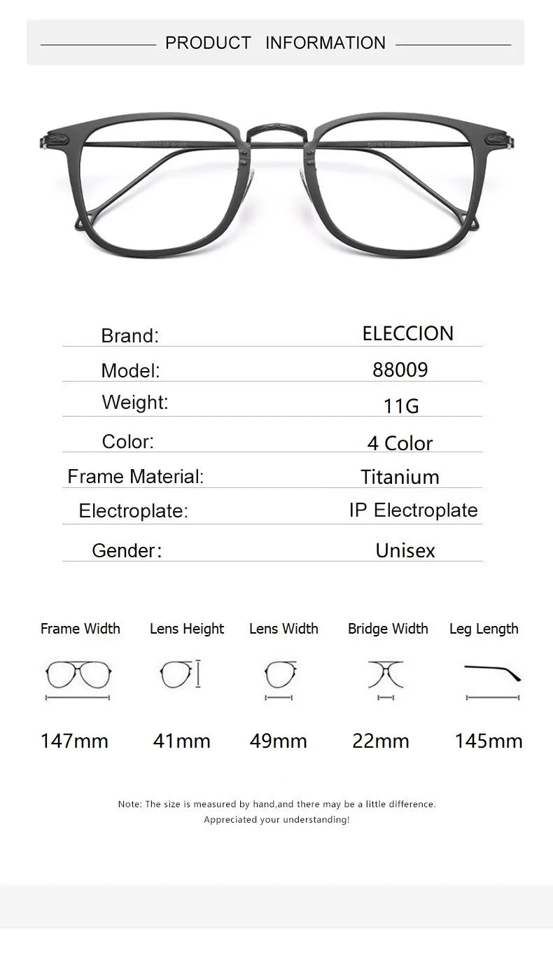 Eleccion Men's Full Rim Square Titanium Eyeglasses Clip On Sunglasses 8809