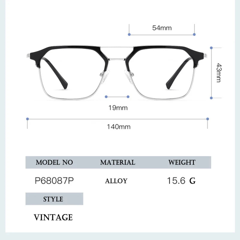 Hotochki Unisex Full Rim Square Double Bridge Tr 90 Alloy Eyeglasses 680874