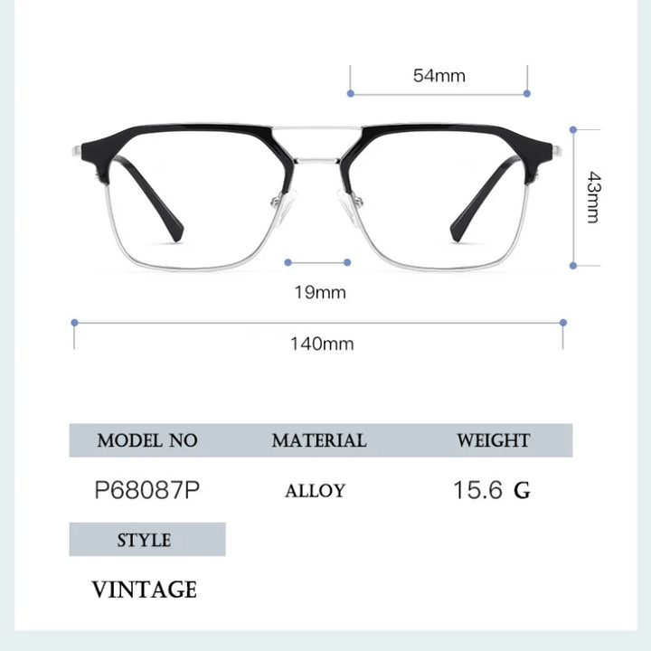 Hotochki Unisex Full Rim Square Double Bridge Tr 90 Alloy Eyeglasses 680874
