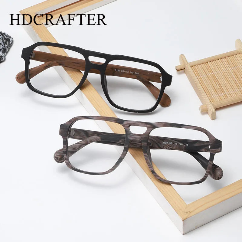 Hdcrafter Unisex Full Rim Square Double Bridge Wood Eyeglasses 8187 Full Rim Hdcrafter Eyeglasses   