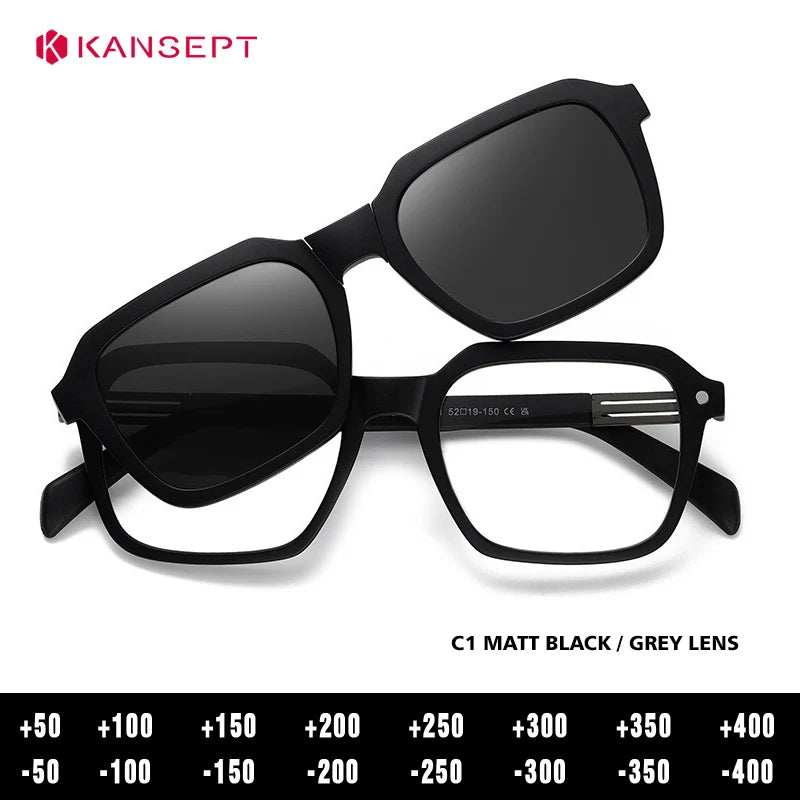 Kansept Unisex Full Rim Square Tr 90 Titanium Reading Glasses Clip On Sunglasses 33106