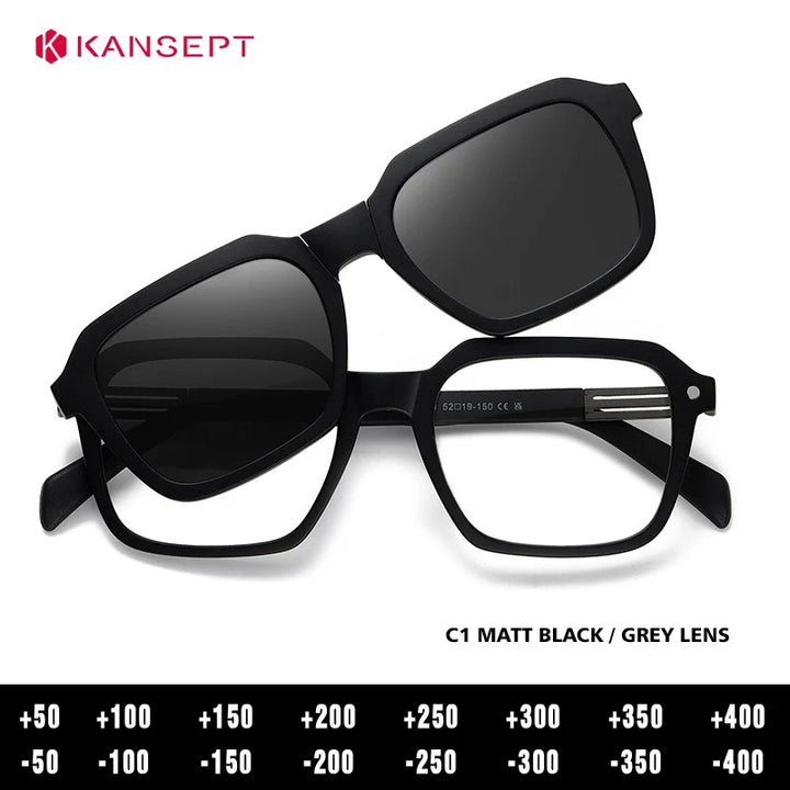Kansept Unisex Full Rim Square Tr 90 Titanium Reading Glasses Clip On Sunglasses 33106
