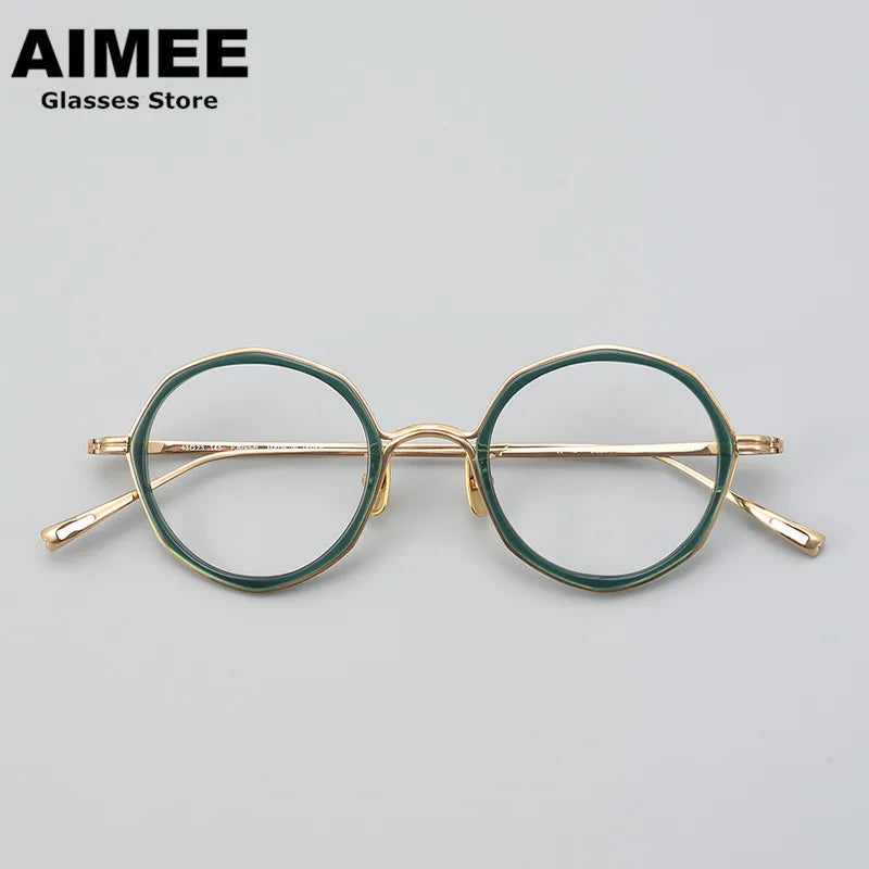 Aimee Unisex Full Rim Polygon Round Titanium Acetate Eyeglasses 8135 Full Rim Aimee Green-Golden  