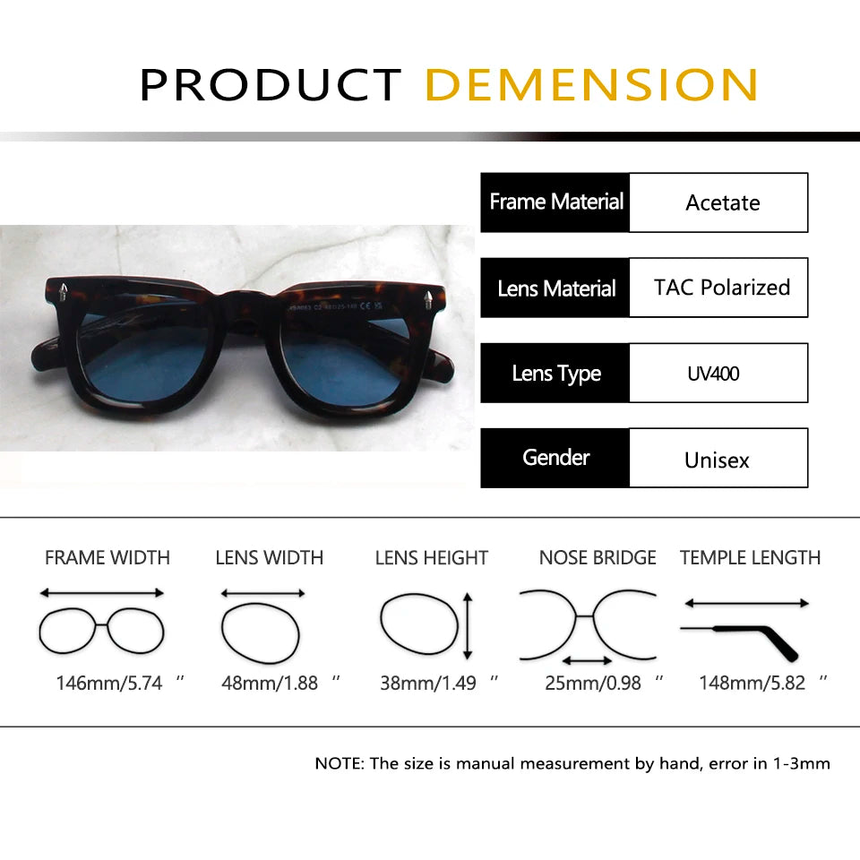 Esnbie Unisex Full Rim Square Thick Acetate Tac Sunglasses 240831