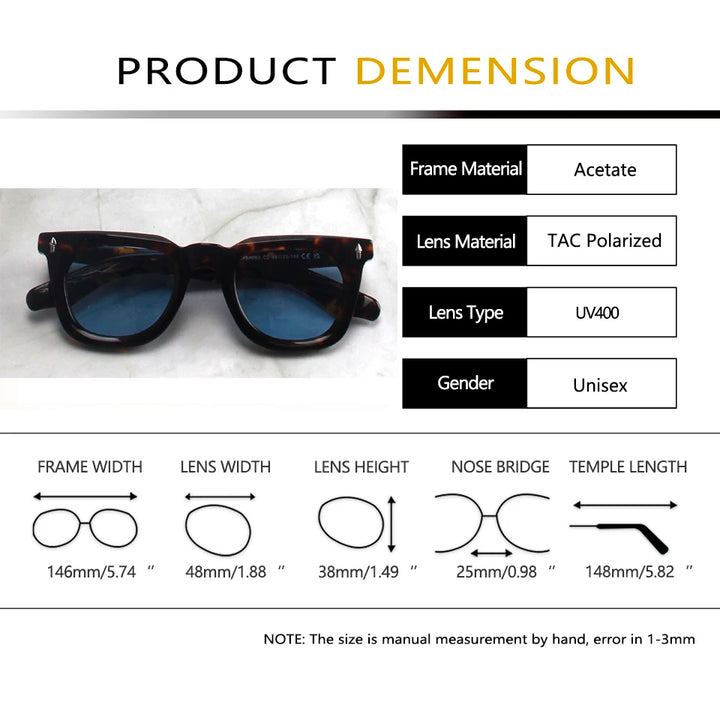 Esnbie Unisex Full Rim Square Thick Acetate Tac Sunglasses 240831