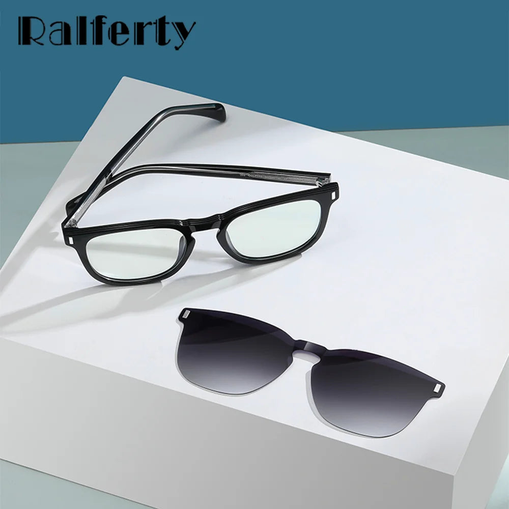 Ralferty Men's Full Rim Square Acetate Eyeglasses Clip On Polarized Sunglasses R7202 With Clip Ons Ralferty   