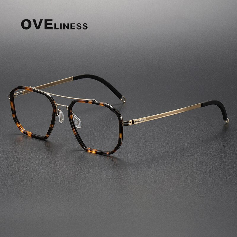 Oveliness Unisex Full Rim Square Double Bridge Acetate Titanium Eyeglasses 8202316 Full Rim Oveliness tortoise gold  