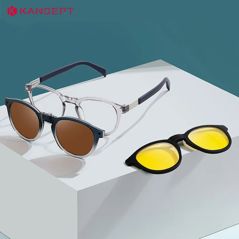 Kansept Unisex Full Rim Round Tr 90 Titanium Reading Glasses Clip On Sunglasses 33103