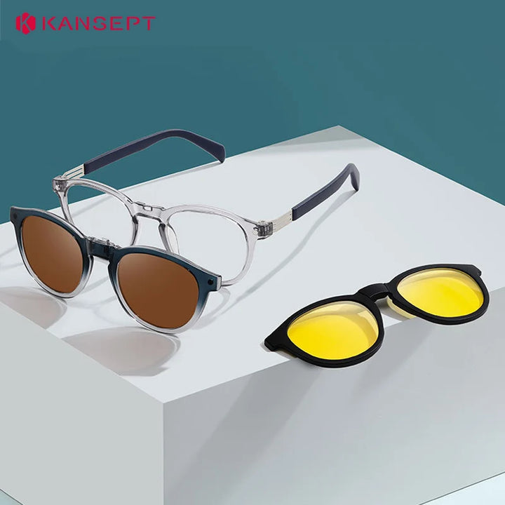 Kansept Unisex Full Rim Round Tr 90 Titanium Reading Glasses Clip On Sunglasses 33103