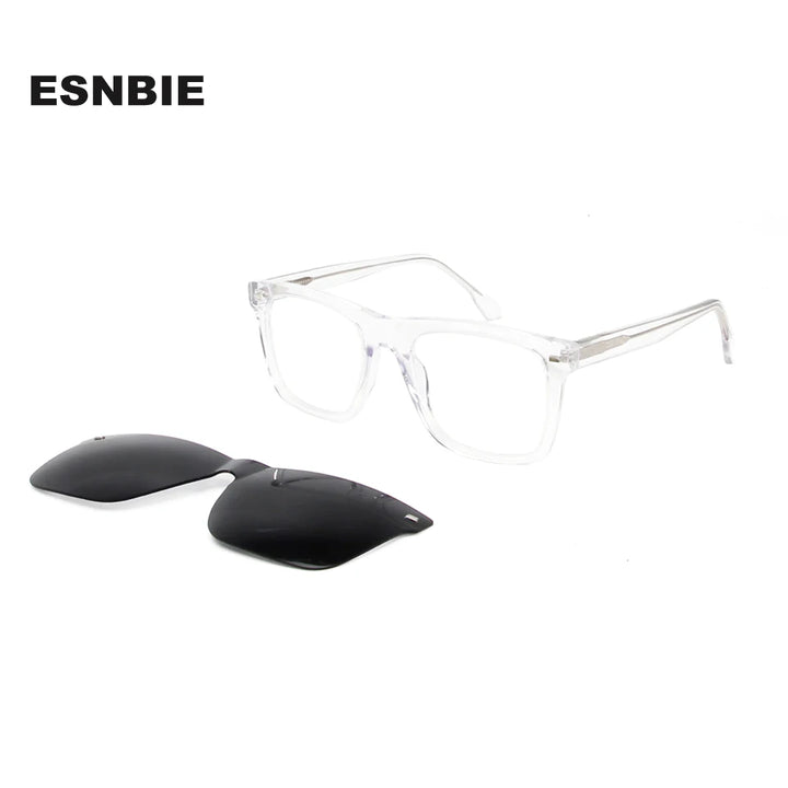 Esnbie Men's Full Rim Square Acetate Eyeglasses Clip On Sunglasses 423291