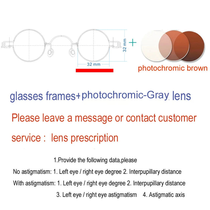 Yujo Unisex Full Rim Small Round Screwless Steel Eyeglasses Full Rim Yujo Photochromic brown32 CHINA 