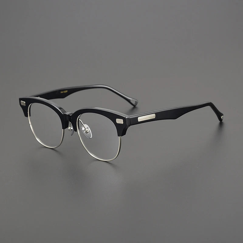 Gatenac Unisex Full Rim Round Square Acetate Eyeglasses Gxyj1536 Full Rim Gatenac Black Silver