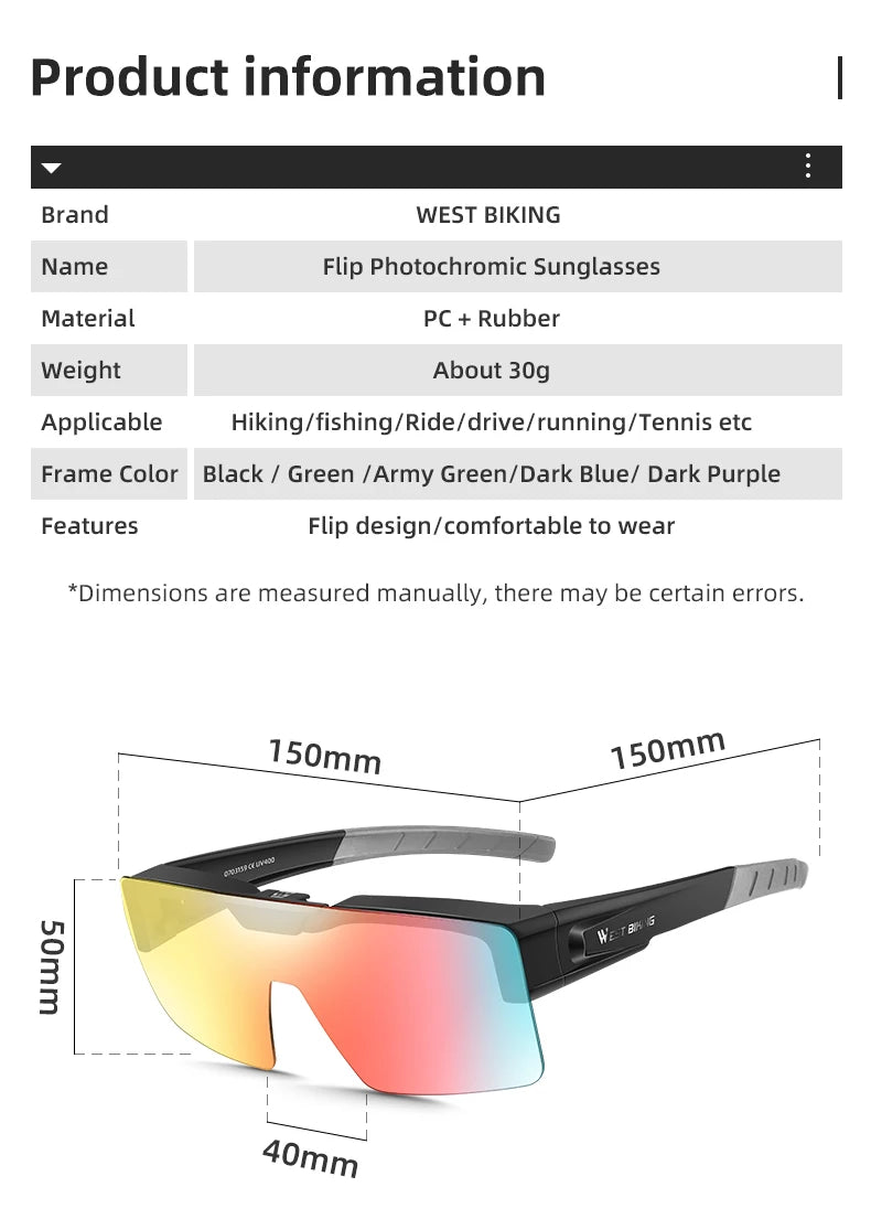 West Biking Unisex Full Rim Square Flip Up Over Frame Sunglasses 940703