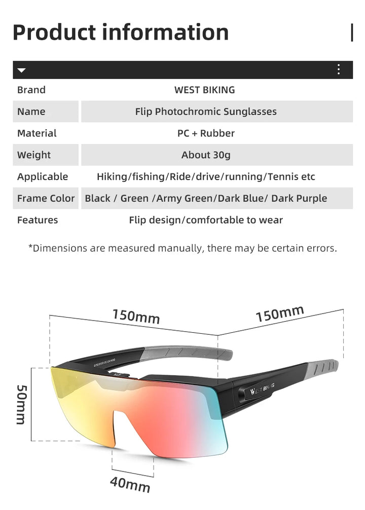 West Biking Unisex Full Rim Square Flip Up Over Frame Sunglasses 940703