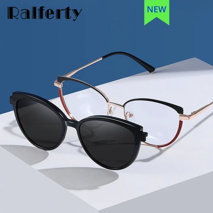 Ralferty Women's Full Rim Cat Eye Alloy Eyeglasses Clip On Polarized Sunglasses R2510 With Clip Ons Ralferty   