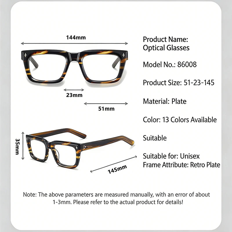 Hdcrafter 86008-1 unisex square acetate prescription eyeglasses — view 2