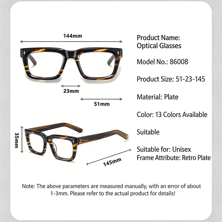 Hdcrafter 86008-1 unisex square acetate prescription eyeglasses — view 2