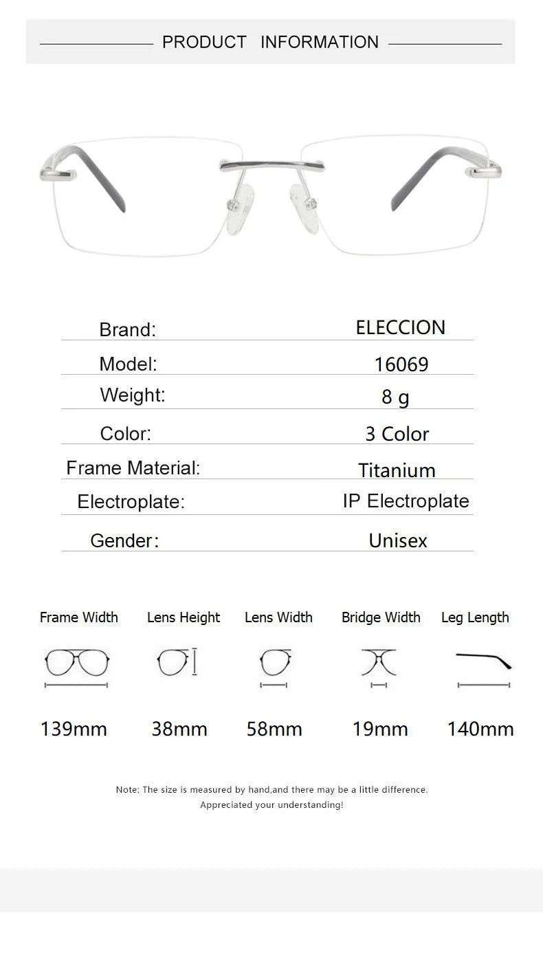 Eleccion Unisex Rimless Square Titanium Eyeglasses 16069