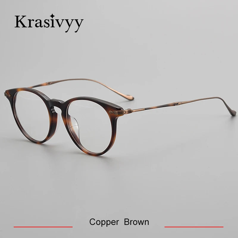 Krasivyy Unisex Full Rim Round Acetate Titanium Eyeglasses 25889 Full Rim Krasivyy Copper Brown