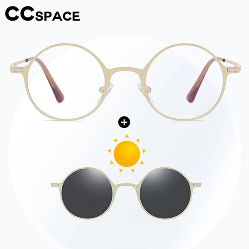 CCspace Women's Full Rim Round Alloy Eyeglasses Clip On Sunglasses 302147 With Clip Ons CCspace   