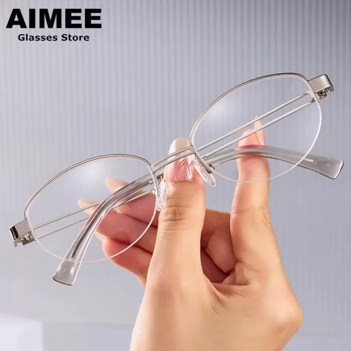 Aimee Unisex Semi Rim Big Oval Round Titanium Eyeglasses 369136