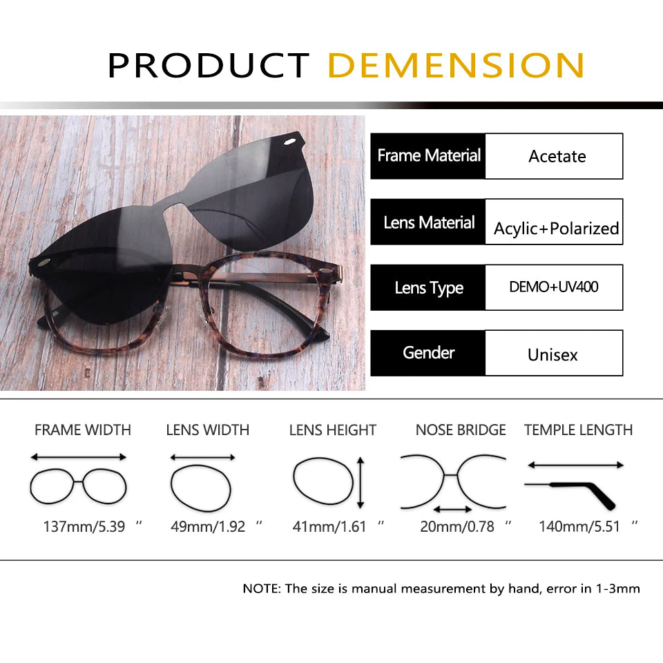 Esnbie Women's Full Rim Round Acetate Eyeglasses Clip On Sunglasses 418021