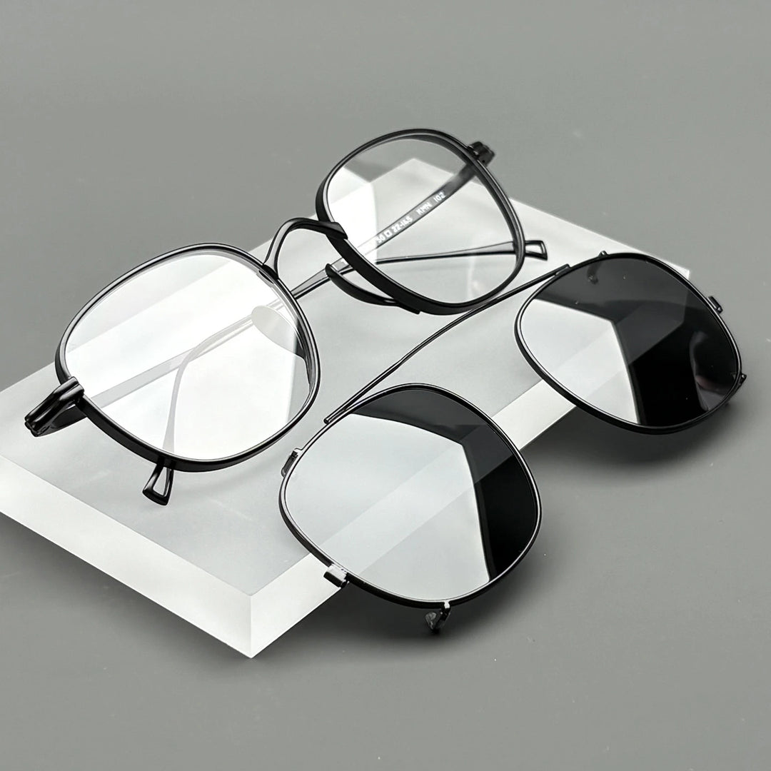 Black Mask Women's Full Rim Square Titanium Eyeglasses Clip On Sunglasses 610517