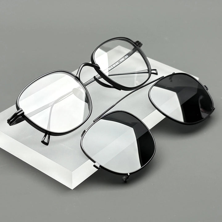 Black Mask Women's Full Rim Square Titanium Eyeglasses Clip On Sunglasses 610517