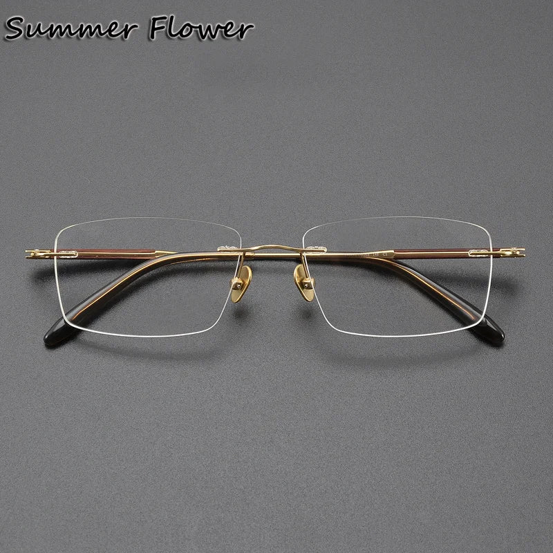 Summer Flower Unisex Rimless Square Titanium Sandalwood Eyeglasses 84287 Rimless Summer Flower