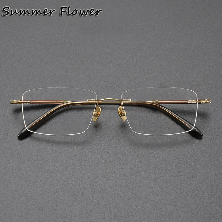 Summer Flower Unisex Rimless Square Titanium Sandalwood Eyeglasses 84287 Rimless Summer Flower