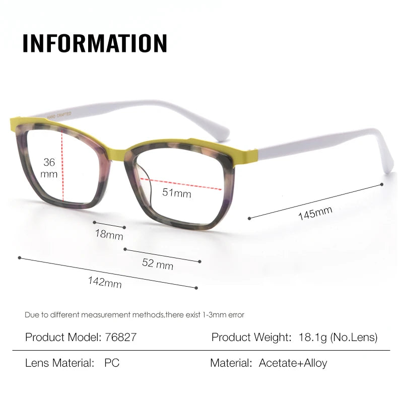 Muzz Women's Full Rim Square Cat Eye Acetate Alloy Eyeglasses 76827 Full Rim Muzz