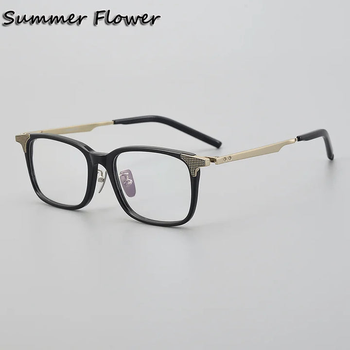 Summer Flower Men's Full Rim Square Acetate Titanium Eyeglasses 842090 Full Rim Summer Flower Black Gold