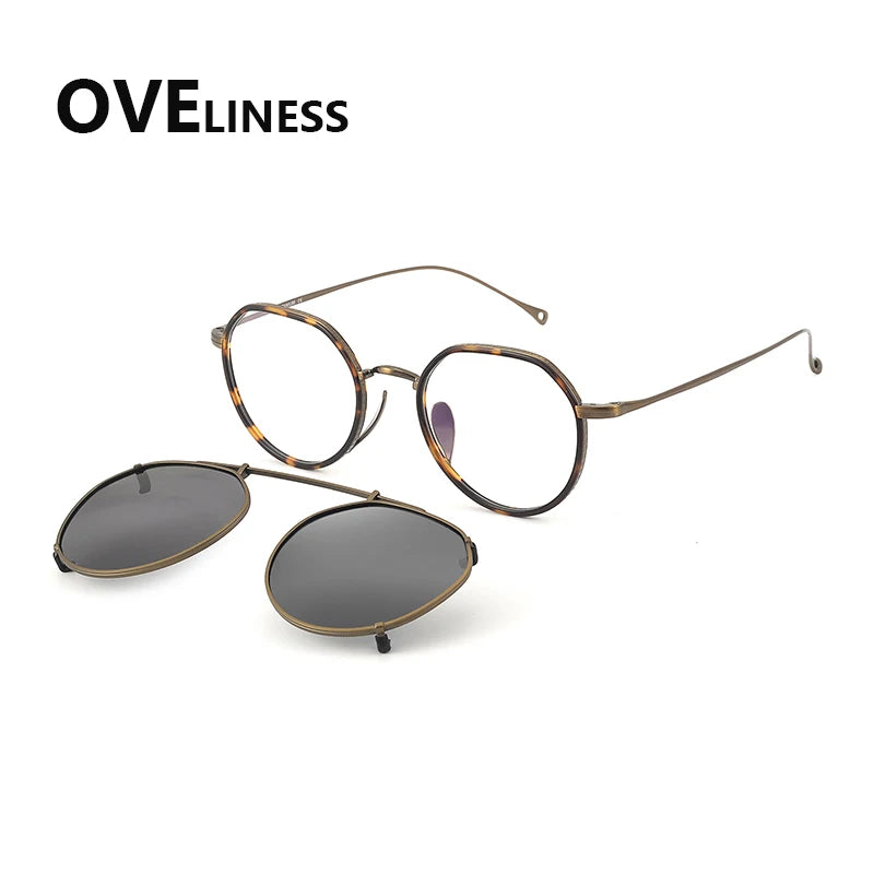 Oveliness Women's Full Rim Polygon Titanium Eyeglasses Clip On Sunglasses 77311