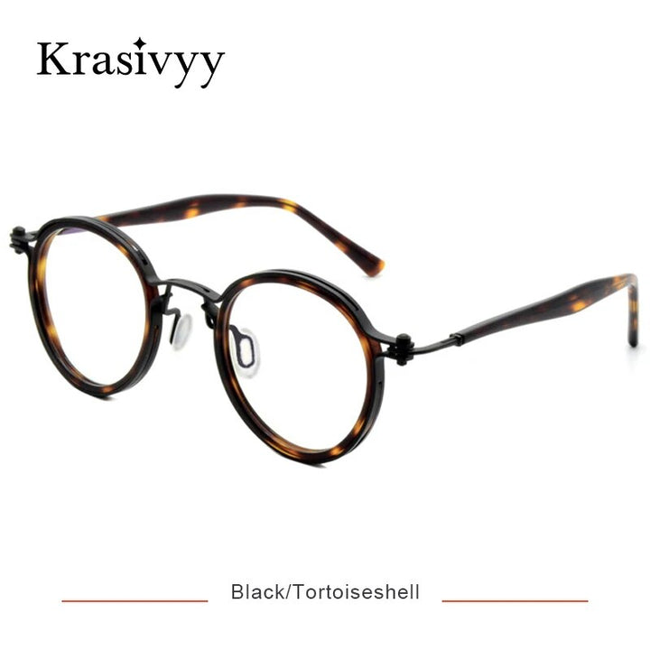 Krasivyy Unisex Full Rim Round Acetate Titanium Eyeglasses Kr5862 Full Rim Krasivyy Black Tortoiseshell  