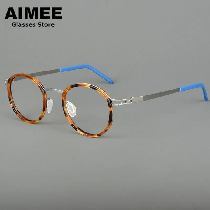 Aimee Unisex Full Rim Round Screwless Titanium Acetate Eyeglasses 4620 Full Rim Aimee Tortoise-Silver  