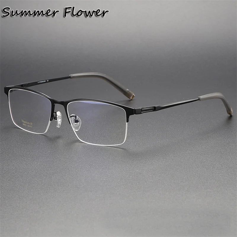 Summer Flower Men's Semi Rim Square Brow Line Titanium Eyeglasses 80879 Semi Rim Summer Flower Black