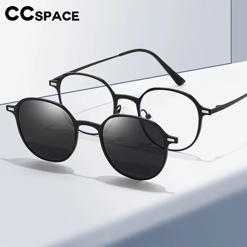 CCspace Women's Full Rim Round Alloy Eyeglasses Clip On Sunglasses 302078 With Clip Ons CCspace   