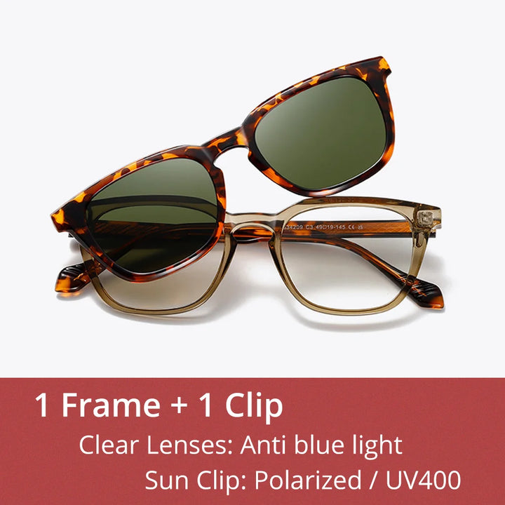 Ralferty Unisex Full Rim Square Acetate Tr 90 Eyeglasses Clip On Sunglasses 534209