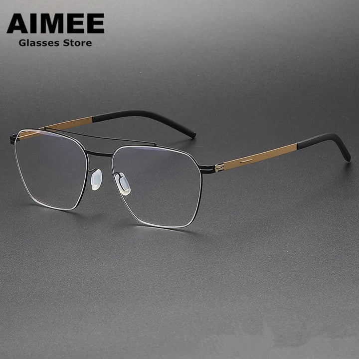 Aimee Unisex Full Rim Square Double Bridge Titanium Eyeglasses 1101 Full Rim Aimee Black-Golden  