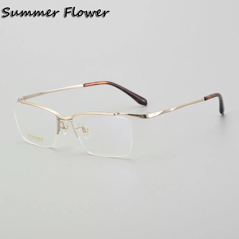 Summer Flower Unisex Semi Rim Square Brow Line Titanium Eyeglasses 86101 Semi Rim Summer Flower Gold