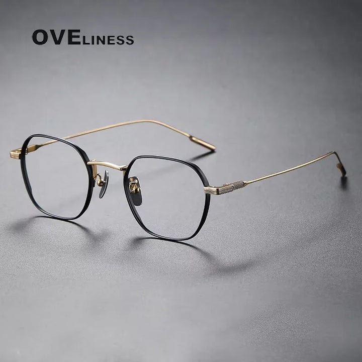 Oveliness Women's Full Rim Flat Top Polygon Titanium Eyeglasses 84848 Full Rim Oveliness black gold