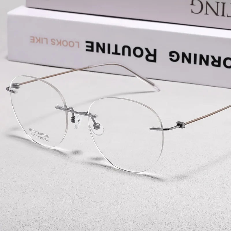 KatKani Unisex Rimless Round Titanium Eyeglasses S132 Rimless KatKani Eyeglasses Silver  