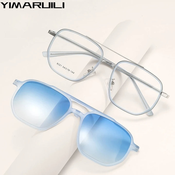 Yimaruili Unisex Full Rim Square Double Bridge Alloy Eyeglasses Clip On Sunglasses 832 With Clip Ons Yimaruili Eyeglasses   