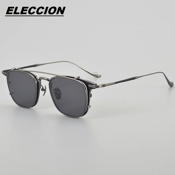 Eleccion Men's Full Rim Big Square Titanium Eyeglasses Clip On Sunglasses 93111