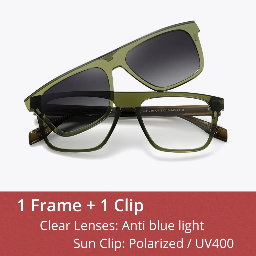 Ralferty Unisex Full Rim Square Tr 90 Alloy Eyeglasses Clip On Sunglasses 334210